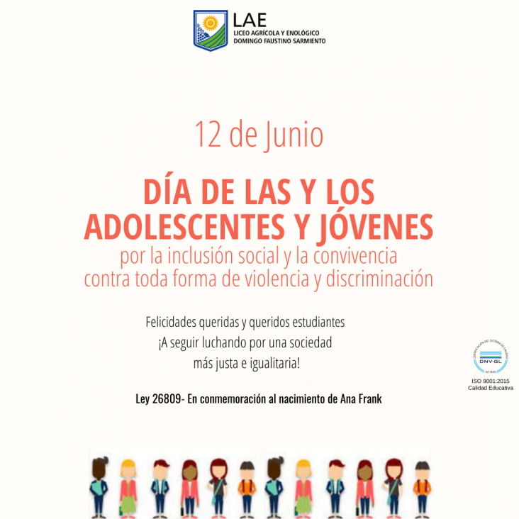 imagen 12 DE JUNIO DIA DE LOS ADOLESCENTES Y JÓVENES POR LA INCLUSIÓN SOCIAL Y LA CONVIVENCIA CONTRA TODA FORMA DE VIOLENCIA Y DISCRIMINACIÓN