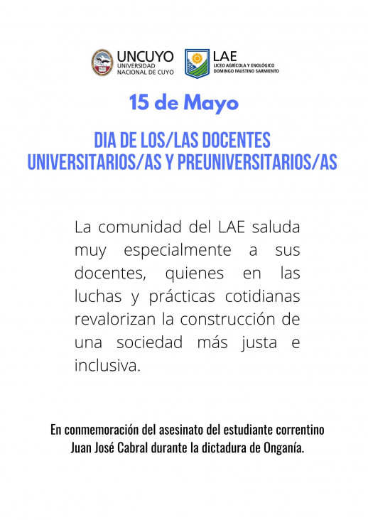 imagen 15 DE MAYO DÍA DE LOS/LAS DOCENTES UNIVERSITARIOS/AS Y PREUNIVERSITARIOS/AS