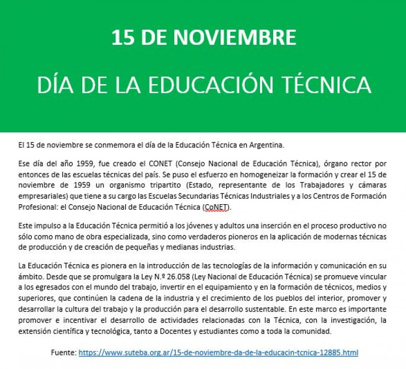 imagen 15 DE NOVIEMBRE " DÍA DE LA EDUCACIÓN TÉCNICA"