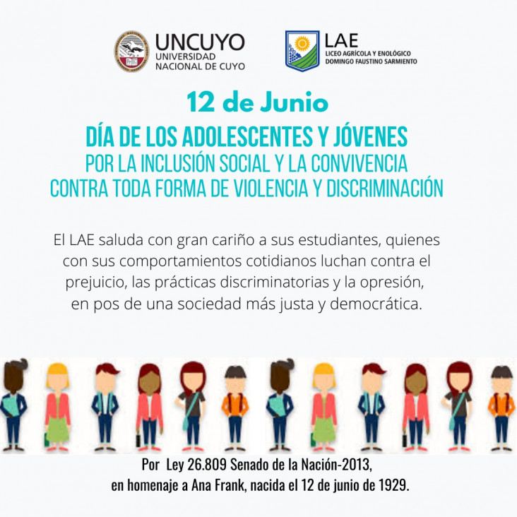 imagen 12 DE JUNIO "DÍA DE LOS ADOLESCENTES Y JÓVENES POR LA INCLUSIÓN SOCIAL Y LA CONVIVENCIA CONTRA TODA FORMA DE VIOLENCIA Y DISCRIMINACIÓN"