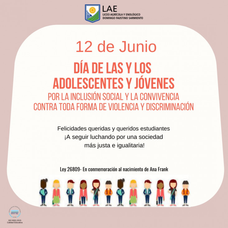 imagen 12 DE JUNIO- DIA DE LOS ADOLESCENTES Y JÓVENES POR LA INCLUSIÓN SOCIAL Y LA CONVIVENCIA CONTRA TODA FORMA DE VIOLENCIA Y DISCRIMINACIÓN